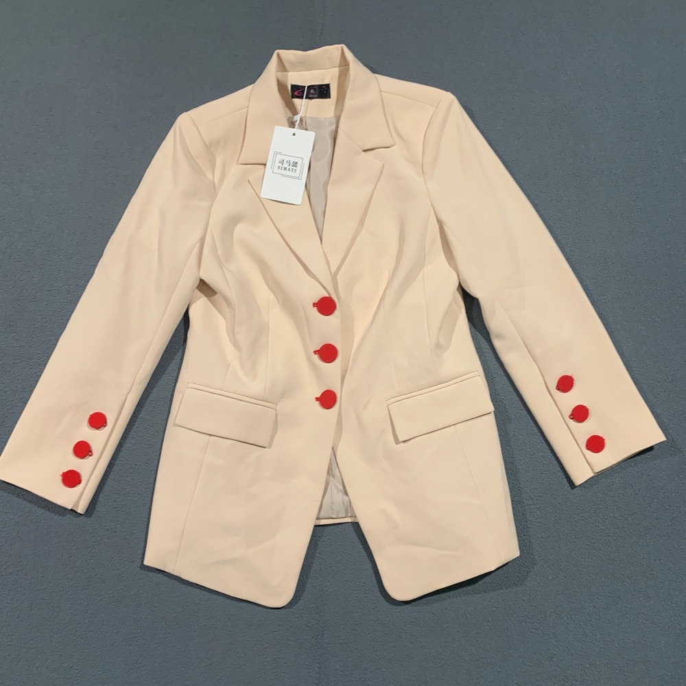 Simayi Cream Blazer Red Contrast Buttons Womens XL Single Breasted Career Jacket